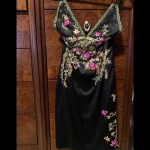 Cache new black satin sequin beaded floral dress